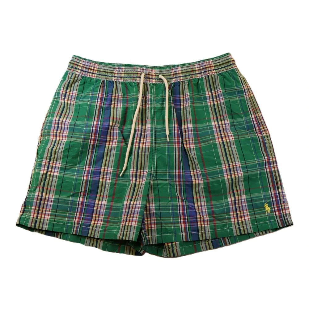 Polo Ralph Lauren Mens XL Swim Trunks Green Plaid Drawstring Pony Logo